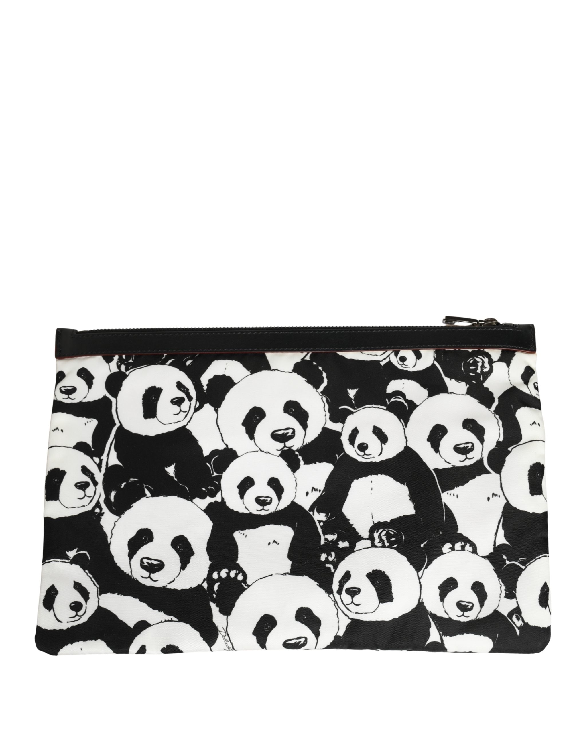 Black White Panda Print Nylon Clutch Men Pouch Borse Bag And Calf Leather