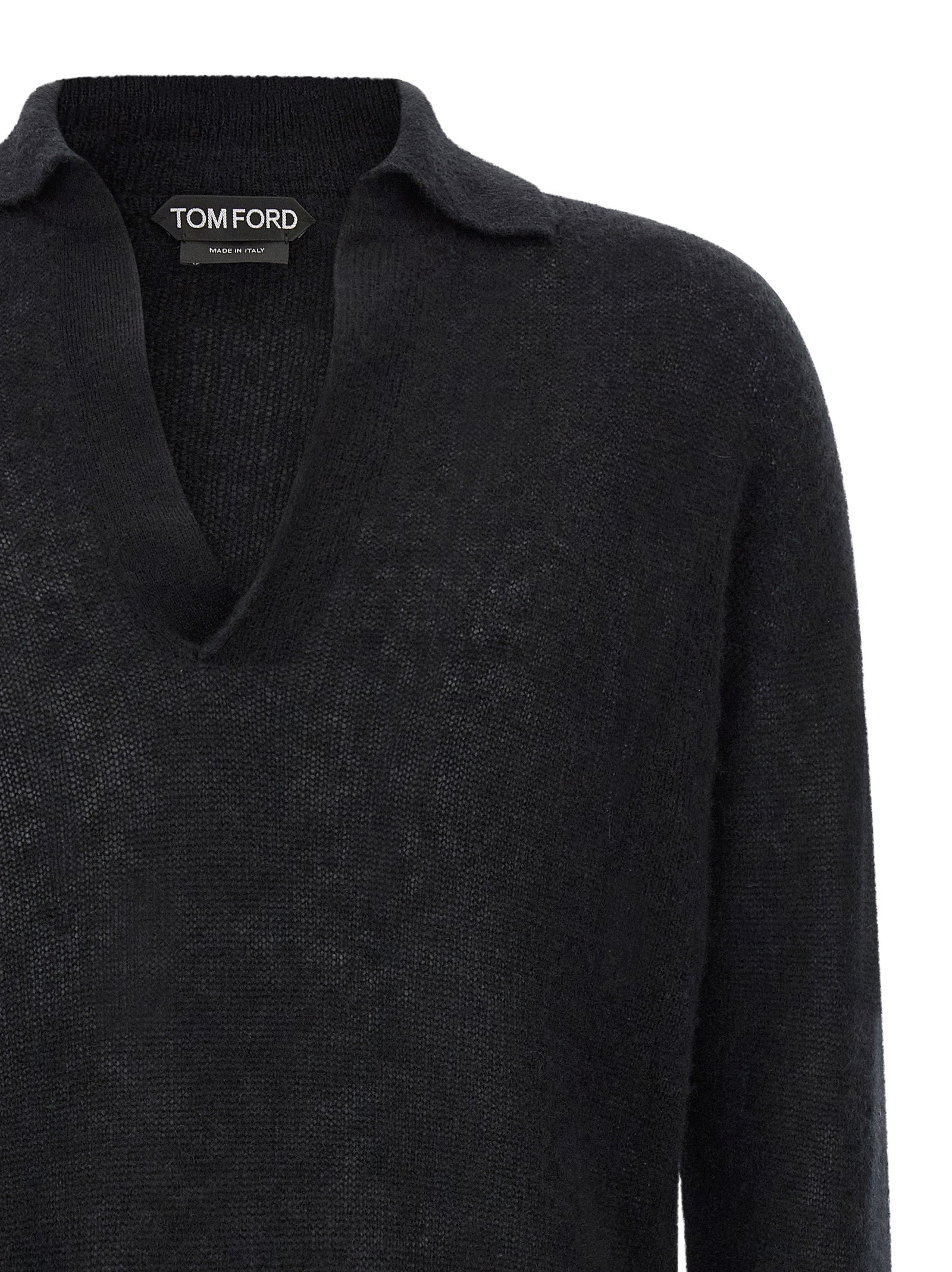 Tom Ford 74% cashmere polo sweater in black — view 3