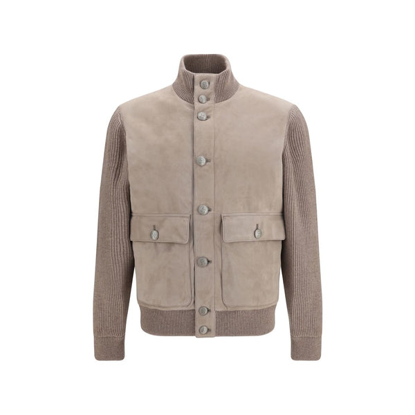 Brunello Cucinelli 100% Calf Leather Bos Taurus with cashmere knit sleeves jacket in beige