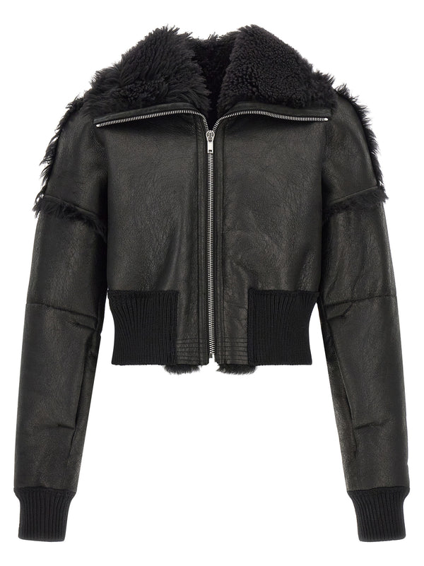 Rick Owens 100% lamb fur (Ovis aries); matte craquelé leather jacket in black