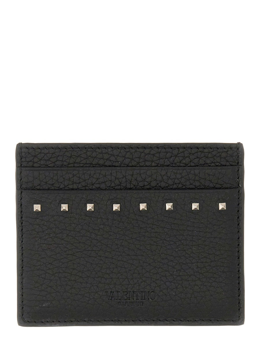 Garnet Calfskin Rockstud Card Holder Black Calf Leather Wallets & Purses