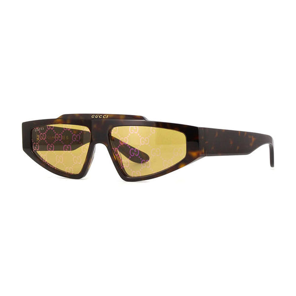 Gucci Sunglasses Cat Eye Full Rim, Dark Havana Frame And Yellow With Gg Pattern Mirror Lens Gg1591s002 Brown