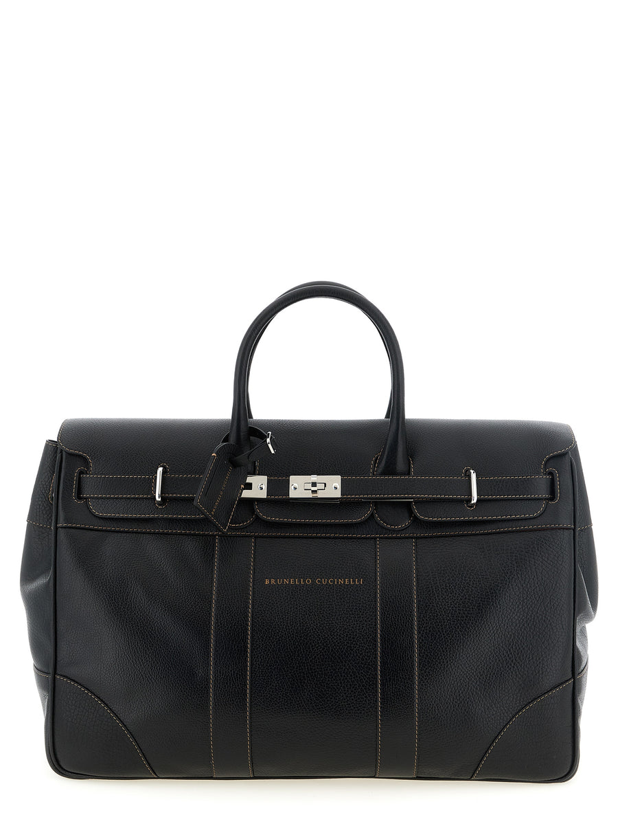 Brunello Cucinelli Hammered calf leather top handle bag in black