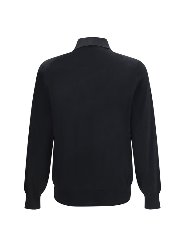 Polo Shirt Long-Sleeve Cotton Black/dark Grey Knitwear
