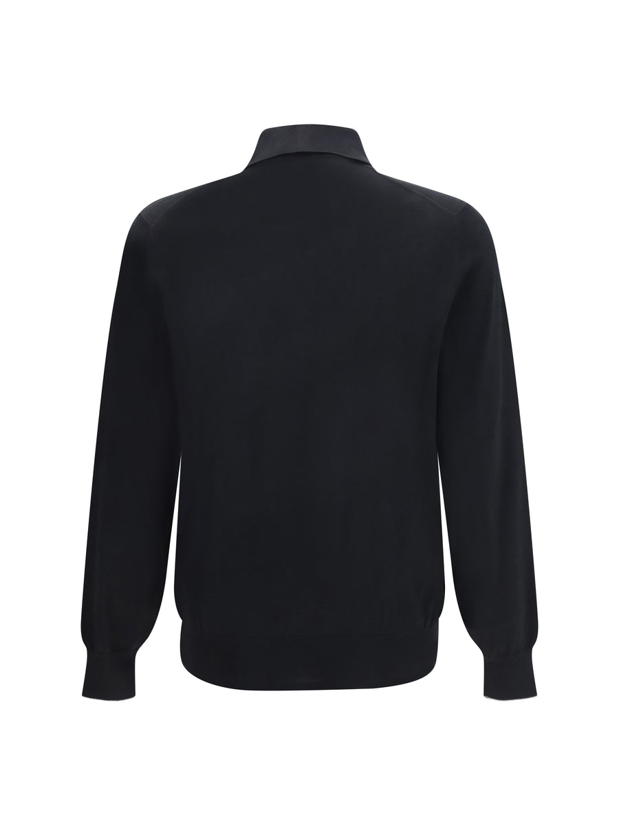 Polo Shirt Long-Sleeve Cotton Black/dark Grey Knitwear