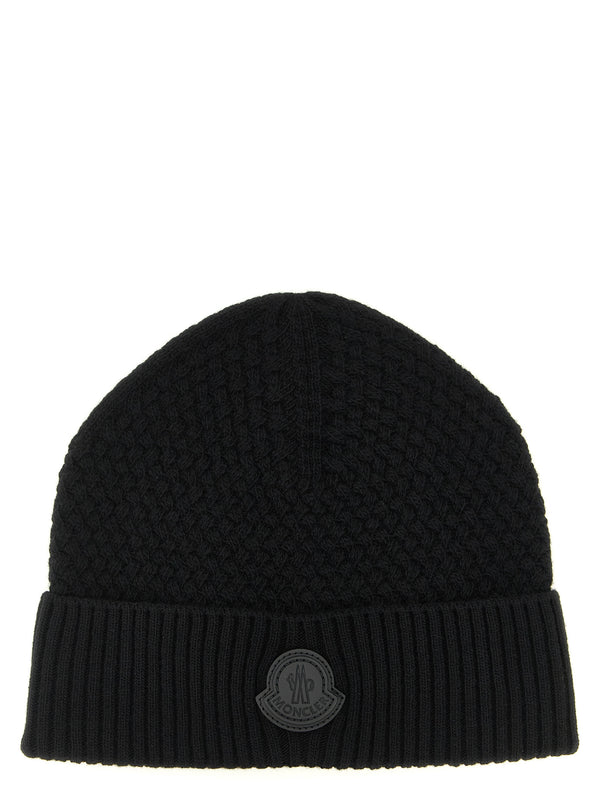 Moncler MO339116BM Wool and cashmere blend with leather patch beanie in black