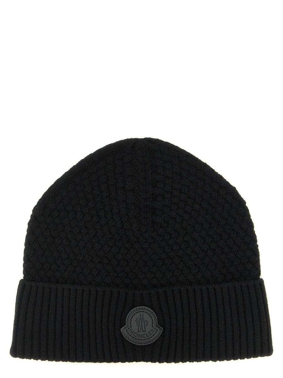 Moncler MO339116BM Wool and cashmere blend with leather patch beanie in black