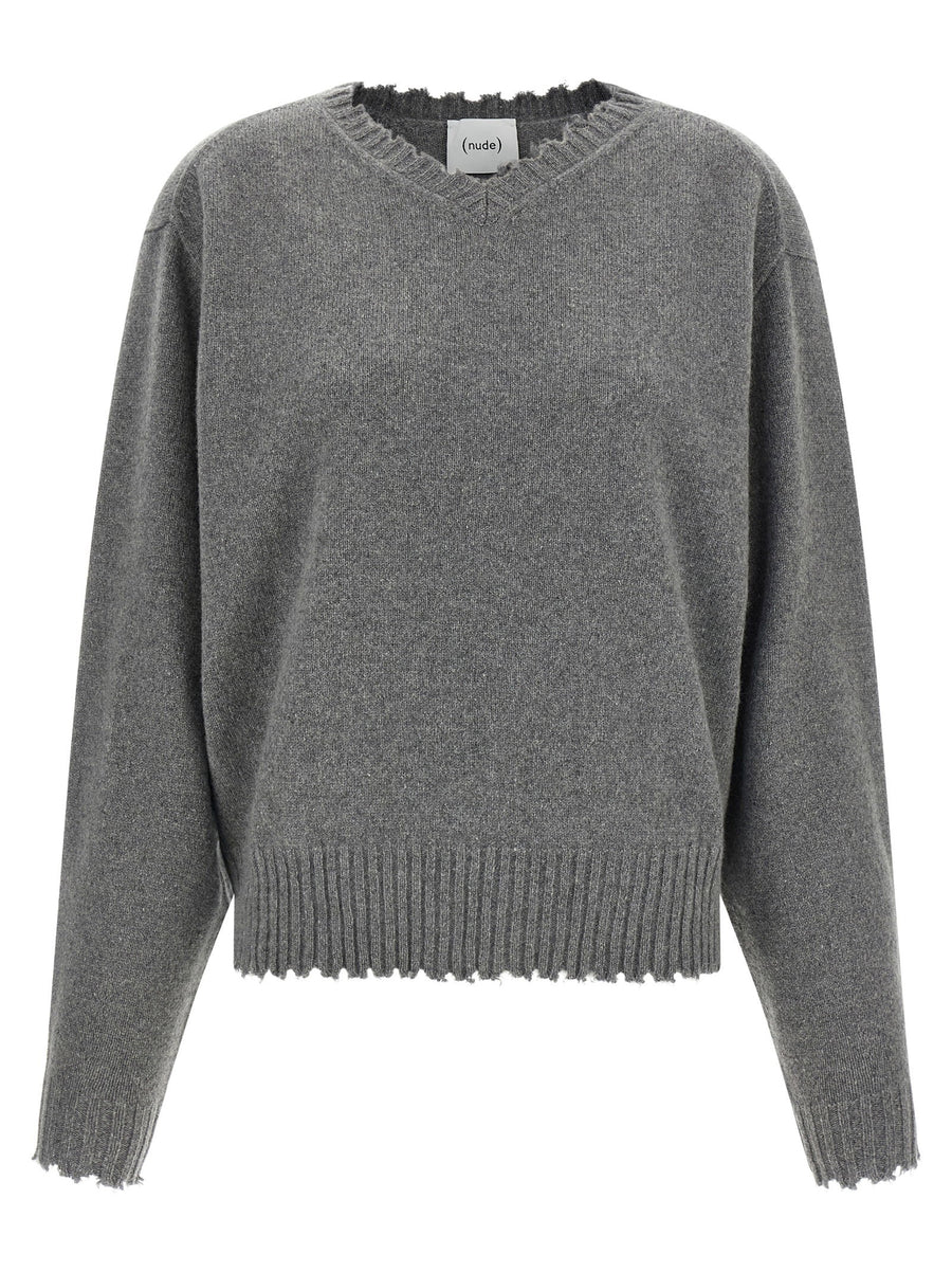 Nude Frayed-Hem Cashmere Sweater — Gray