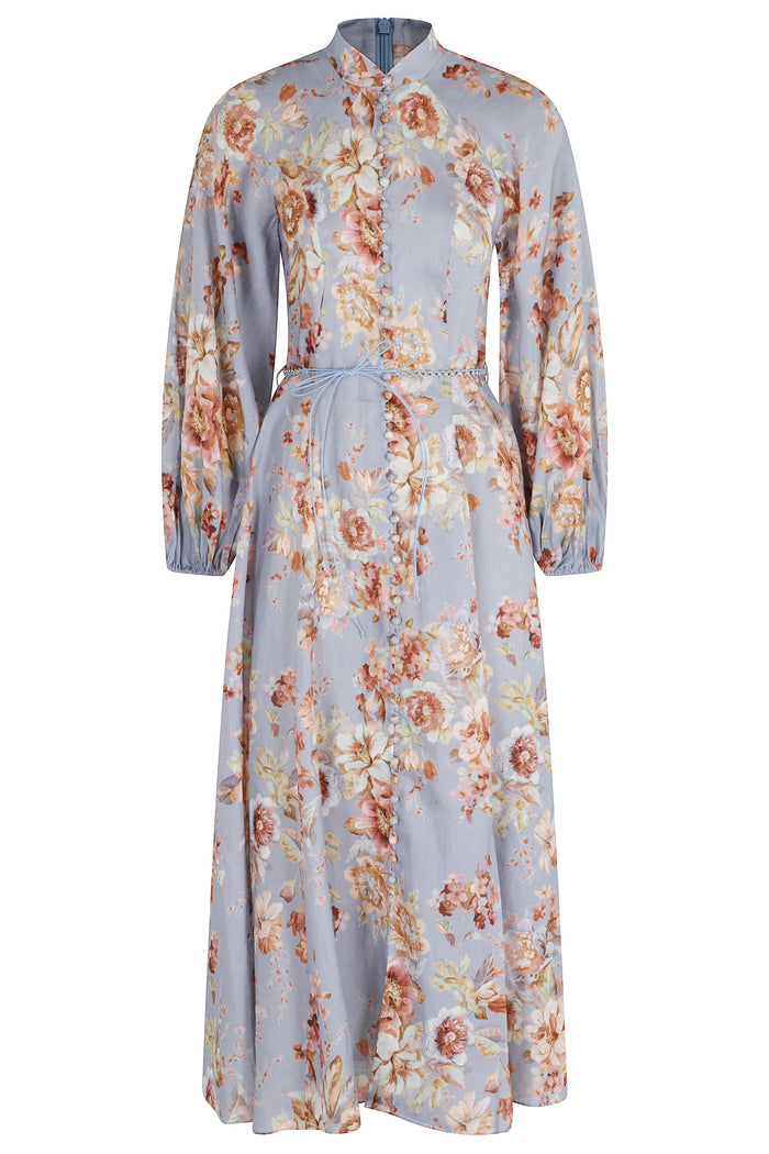 Awaken Billow Midi Dress Blue Linen Abito