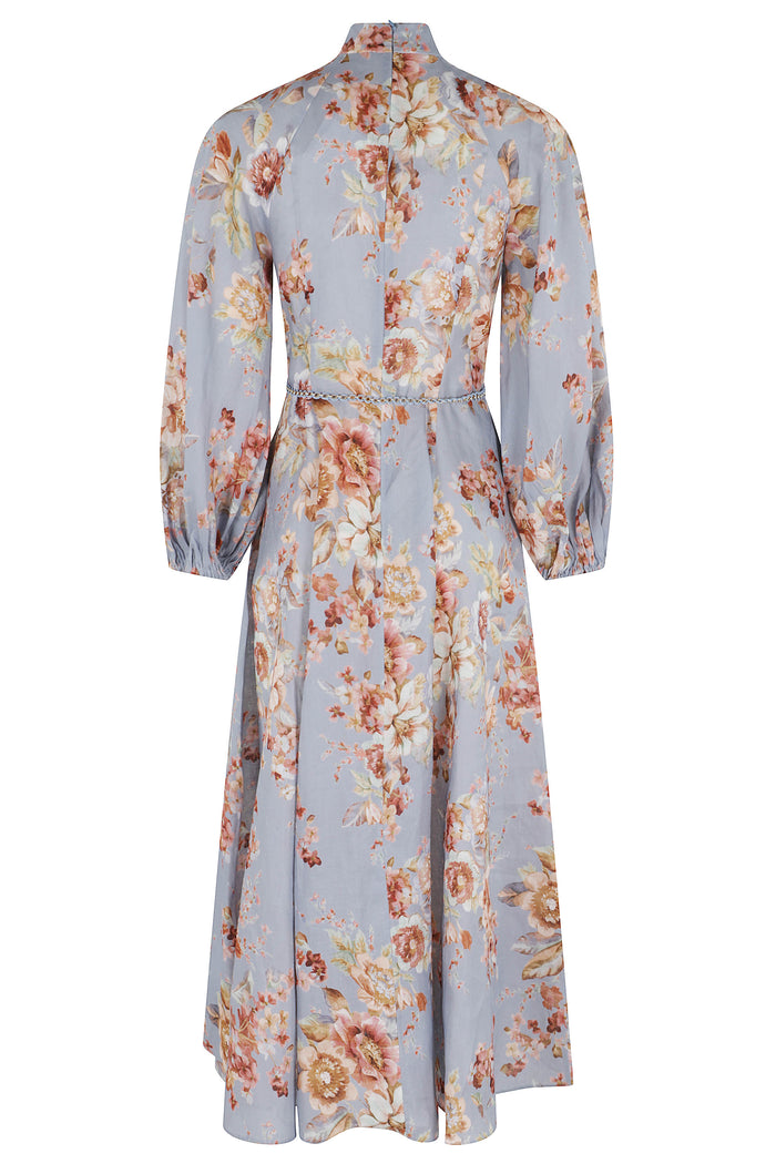 Awaken Billow Midi Dress Blue Linen Abito