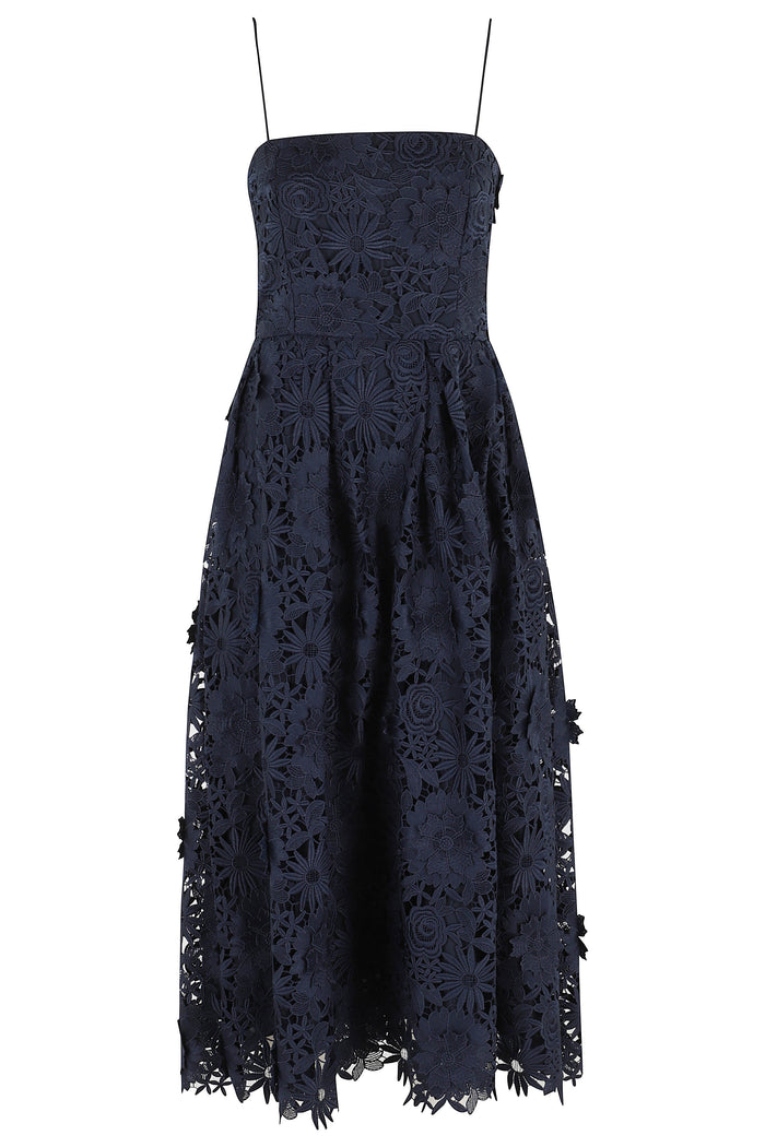 3d Lace Flared Midi Dress Blue Polyester (recycled) Elastan Abito