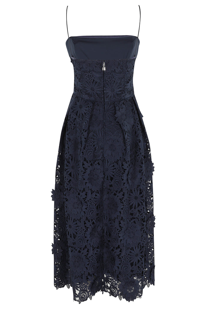 3d Lace Flared Midi Dress Blue Polyester (recycled) Elastan Abito