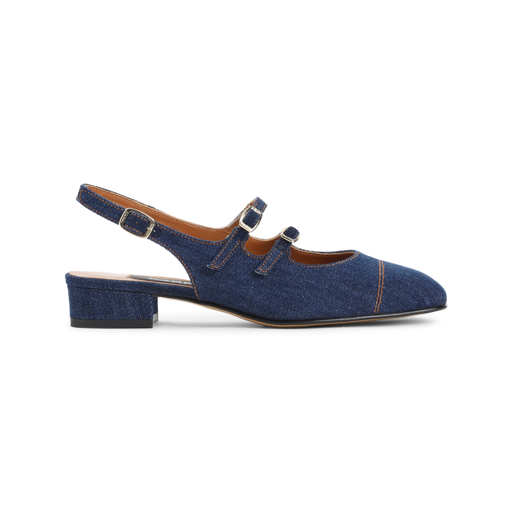 Peche 25 Fabrics Mary Jane Pumps Blue Cotton Leather