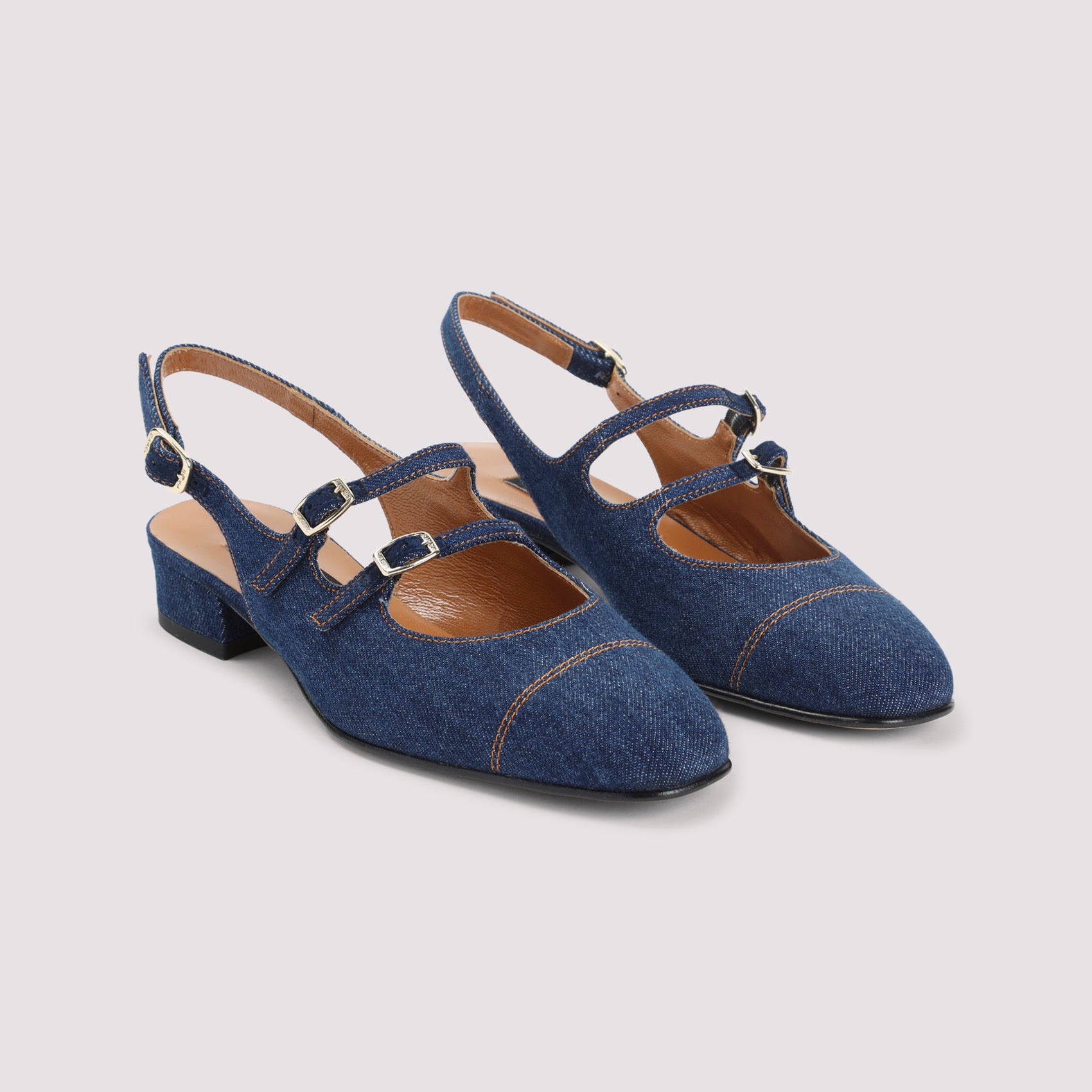 Peche 25 Fabrics Mary Jane Pumps Blue Cotton Leather