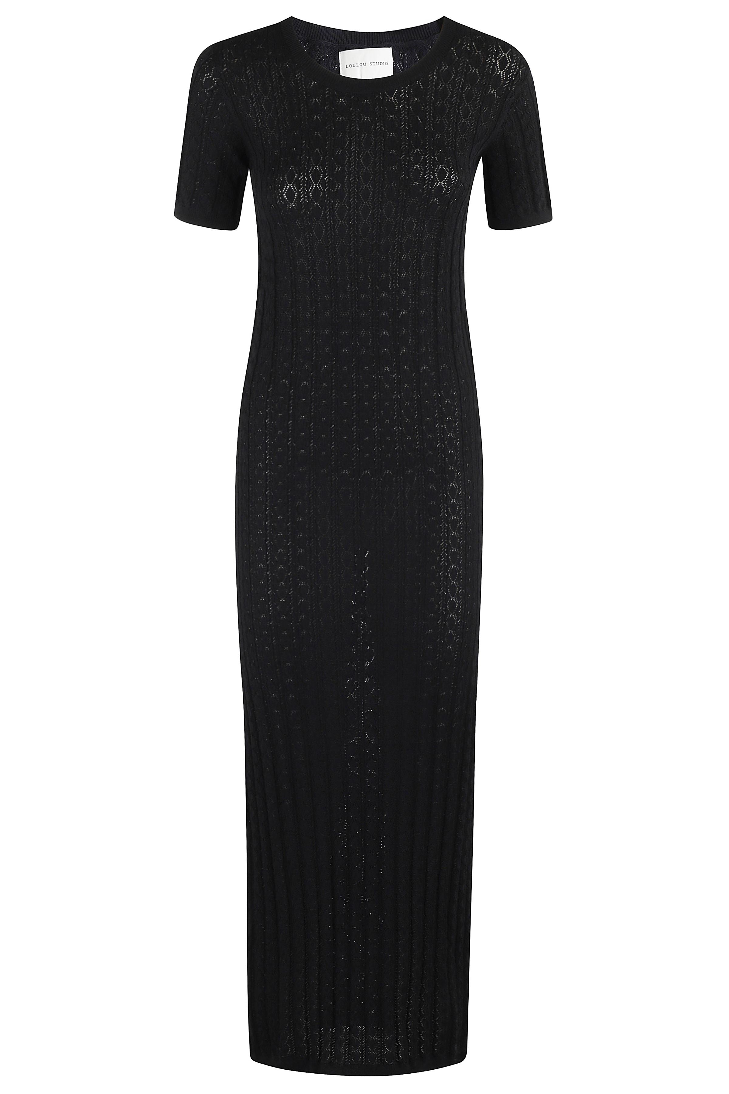 Rib Lace Knit Dress Black Viscose Polyamide Elastane Abito