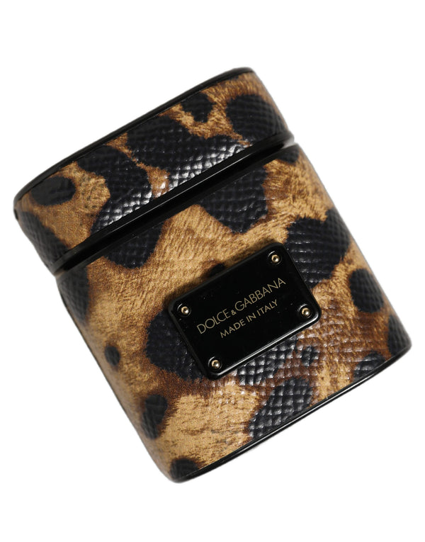 Brown Leopard Calf Leather Metal Logo Plaque Airpods Case Accessory