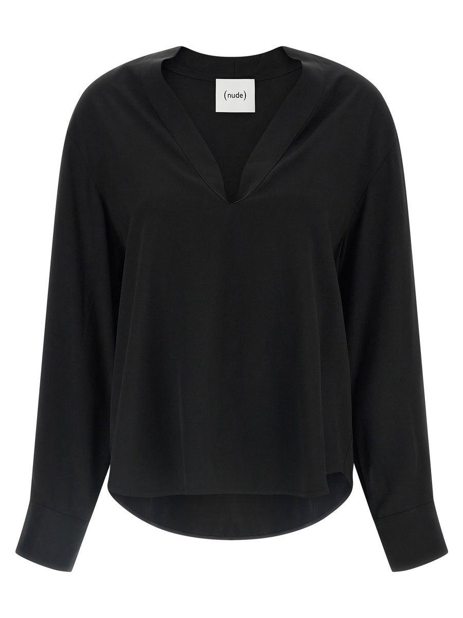 Nude V-Neck Viscose Blouse — Black