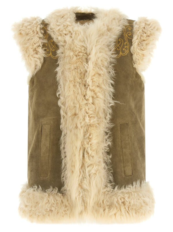 Beige Lamb Fur Sleeveless Jacket Clothing