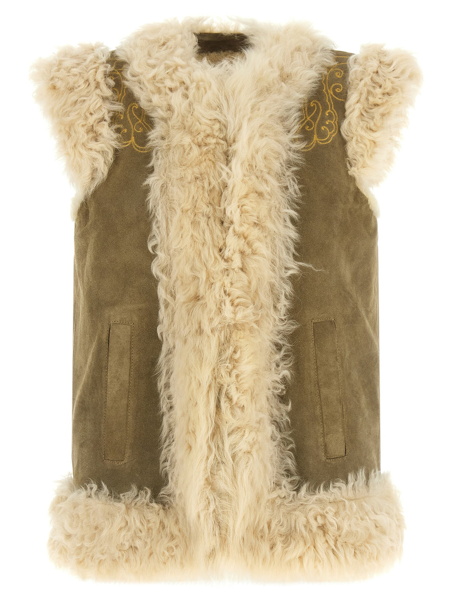 Beige Lamb Fur Sleeveless Jacket Clothing