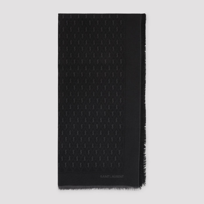 Jacquard Monogram Scarf Black Wool Cotton Silk