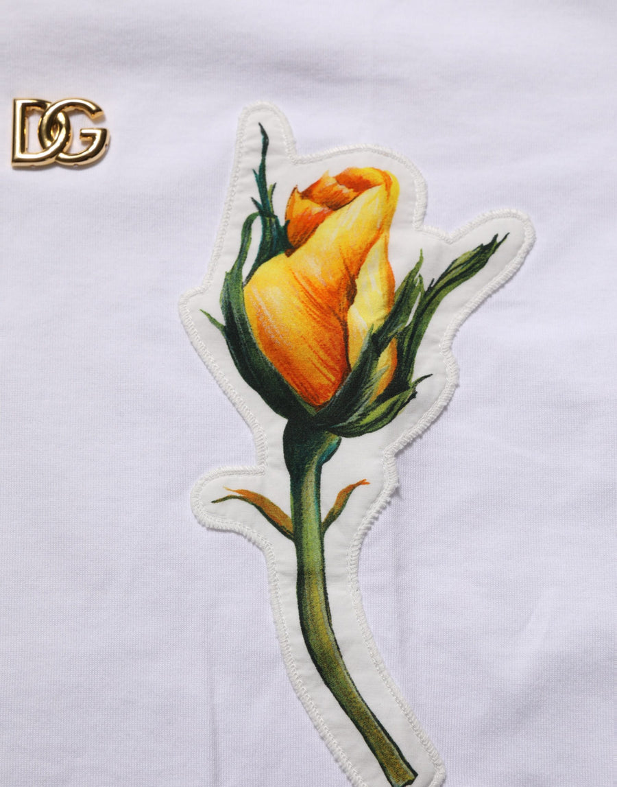 White Cotton Rose Patch Crew Neck T-Shirt