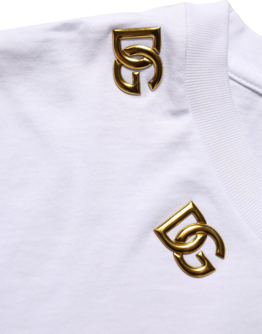 White Cotton Gold Dg Logo Crew Neck T-Shirt