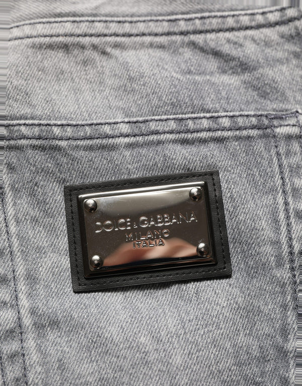 Grey Distressed Straight Leg Men Denim Jeans Gray Cotton Clothing