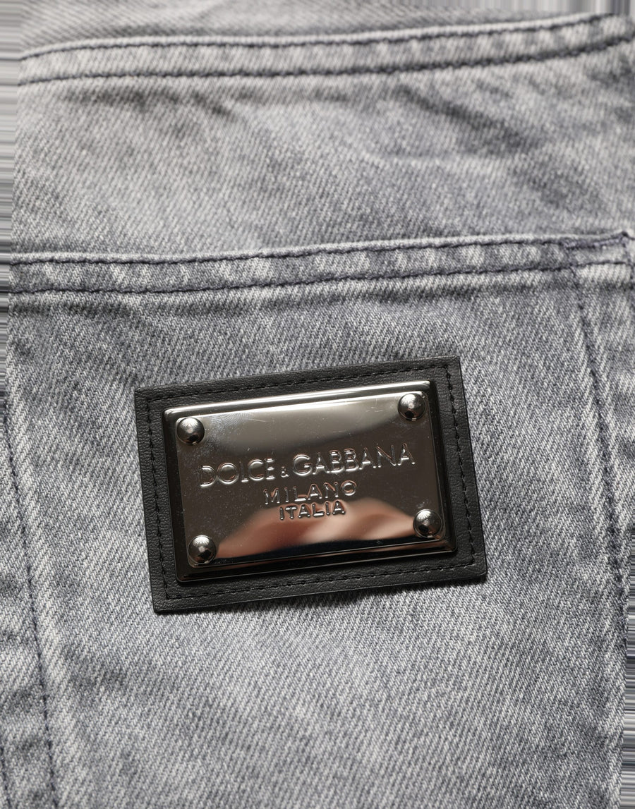Grey Distressed Straight Leg Men Denim Jeans Gray Cotton Clothing