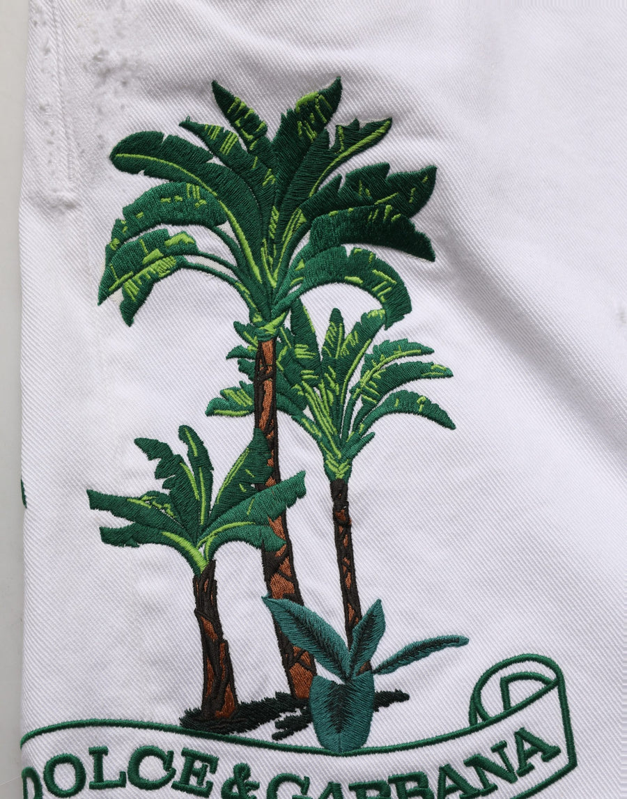 White Palm Embroidery Denim Bermuda Shorts Cotton Elastane