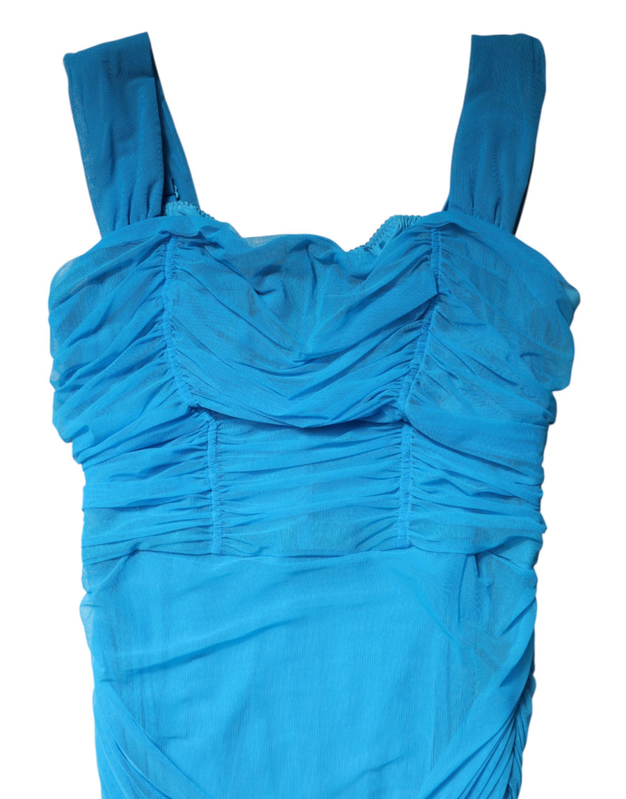 Blue Ruched Tulle Midi Square Neck Dress Nylon Elastane