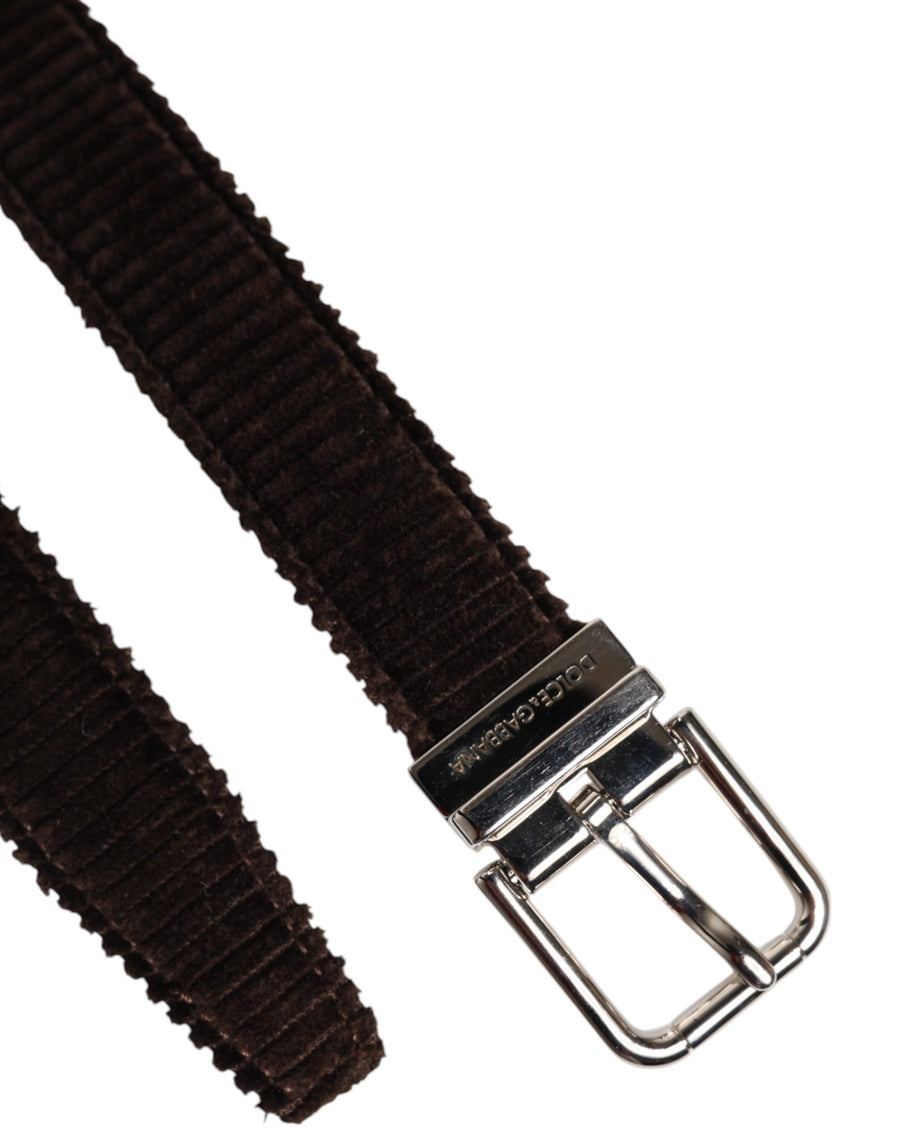 Men Brown Velvet Ridged Silver Buckle Belt Cotton Calf