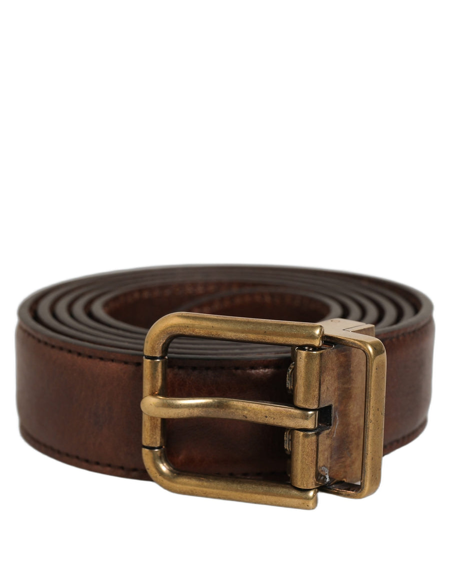 Brown Leather Gold Tone Metal Buckle Belt Calf