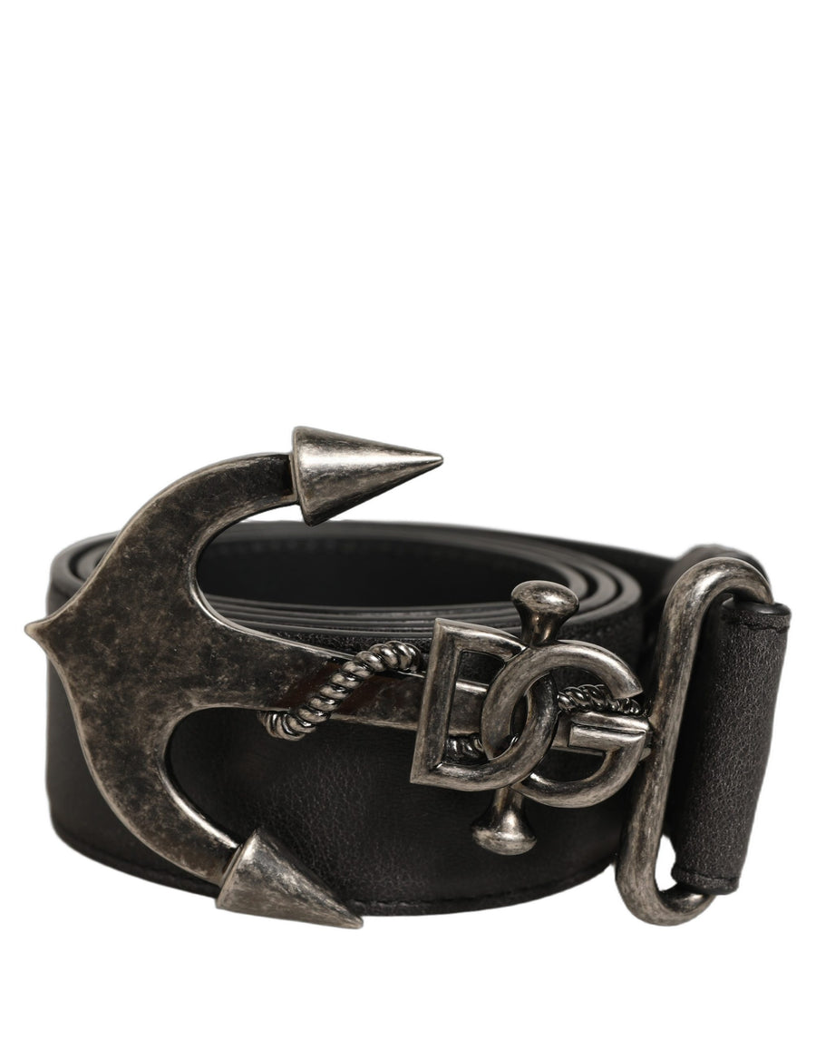 Black Leather Anchor Logo Metal Buckle Belt Calf