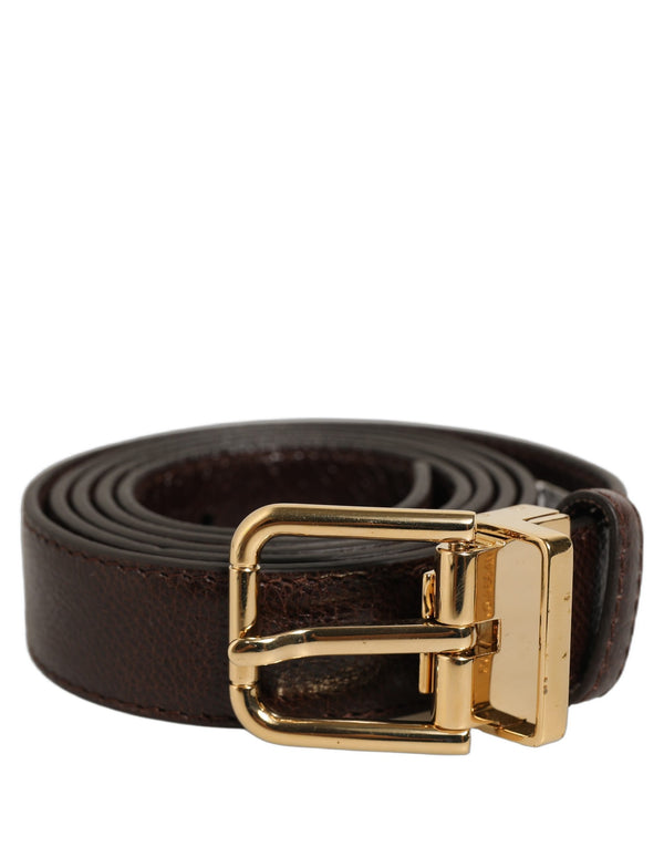Men Brown Leather Gold Tone Metal Buckle Belt Calf