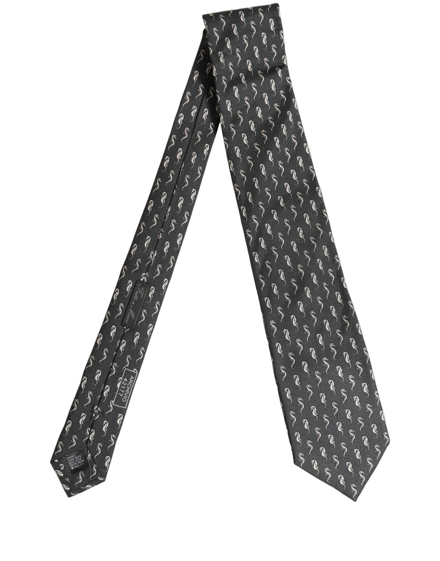 Men Black Seahorse Silk Adjustable Tied Necktie Tie