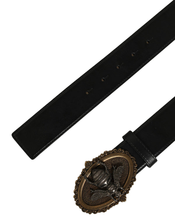 Black Leather Bee Accent Metal Buckle Belt Calf