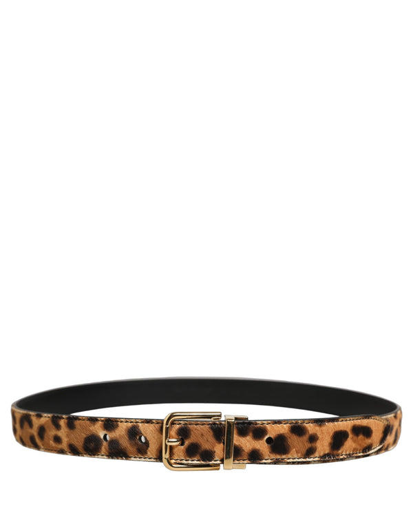Brown Leopard Calf Hair Gold Tone Buckle Belt Fur