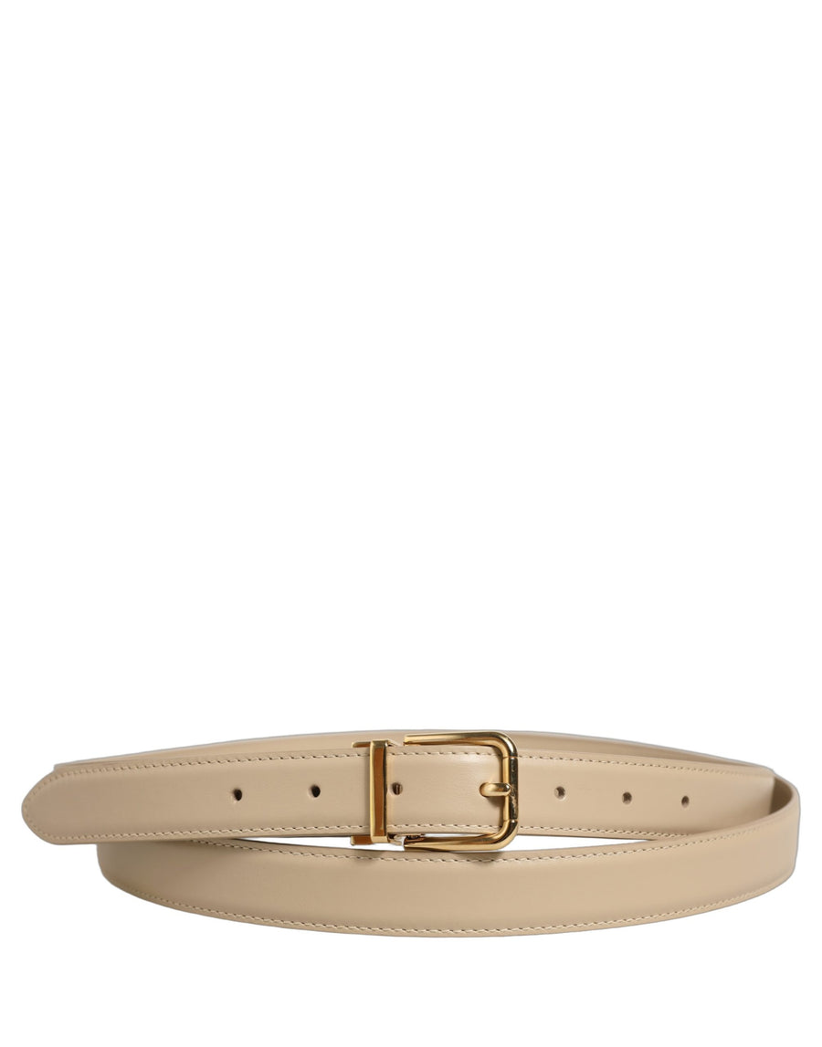 Beige Leather Double Wrap Gold Buckle Belt Calf