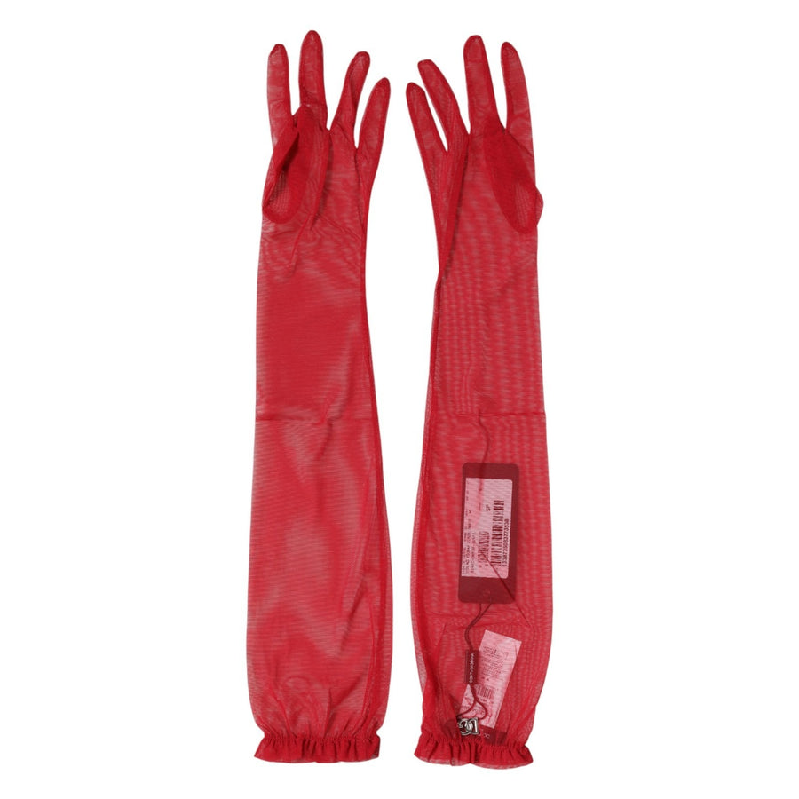 Red Acetate Sheer Elbow Length Mitten Gloves 65rylic +elastane +polyamide
