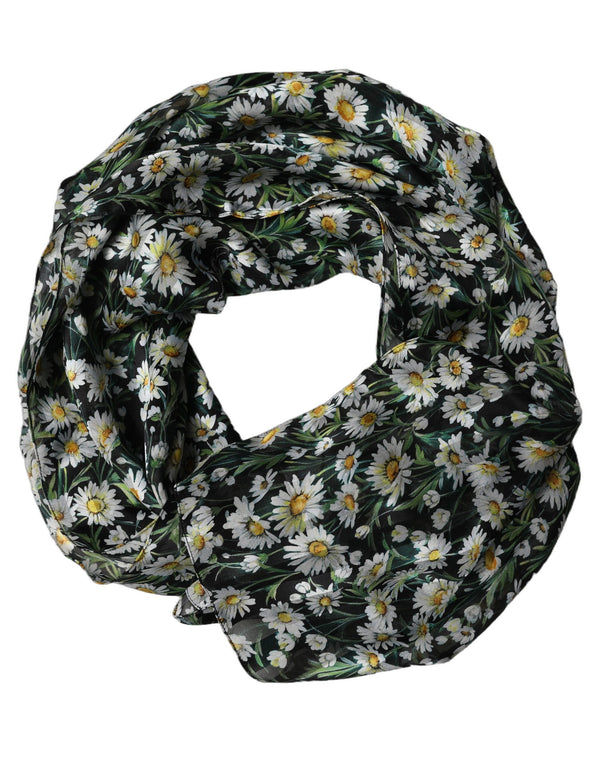 Black Floral Daisy Square Foulard Scarf And White Silk