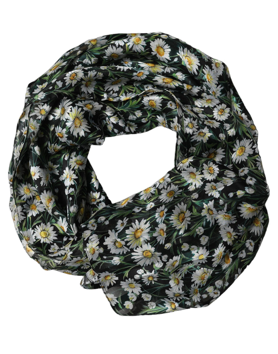 Black Floral Daisy Square Foulard Scarf And White Silk