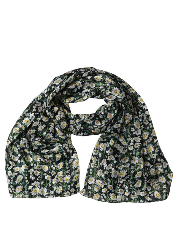Black Silk Daisy Chiffon Long Stole Scarf And White