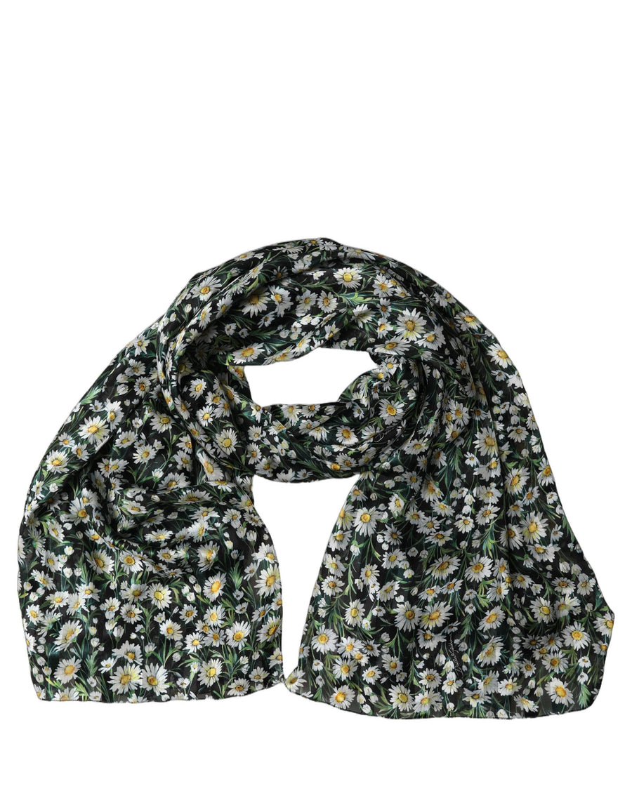 Black Silk Daisy Chiffon Long Stole Scarf And White