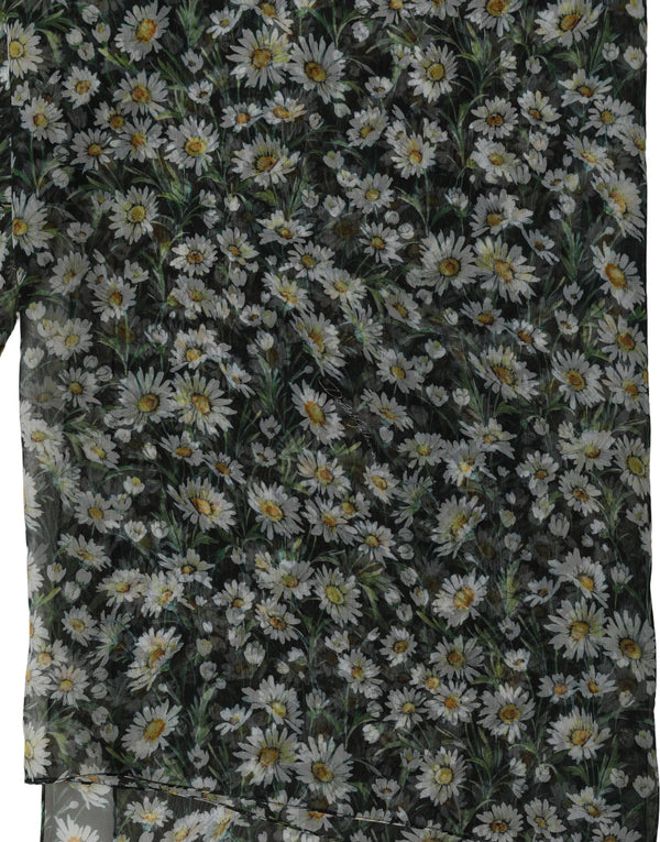 Black Silk Daisy Chiffon Long Stole Scarf And White