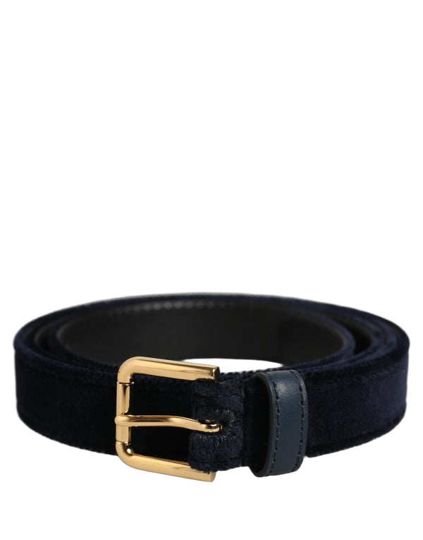 Dark Blue Velvet Gold Tone Metal Buckle Belt Viscose Silk