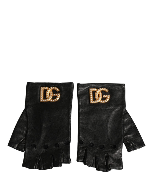 Black Embellished Wrist Length Fingerless Gloves Leather