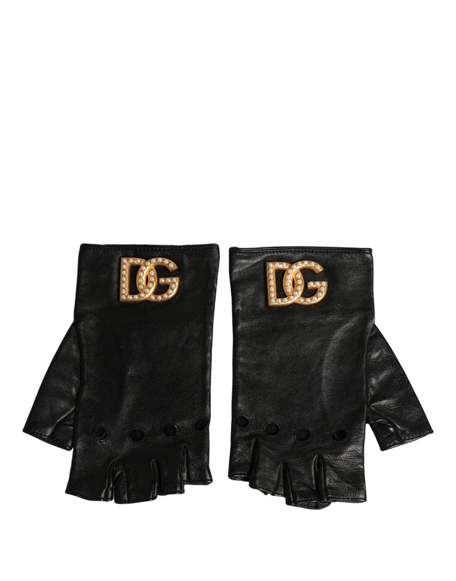 Black Embellished Wrist Length Fingerless Gloves Leather