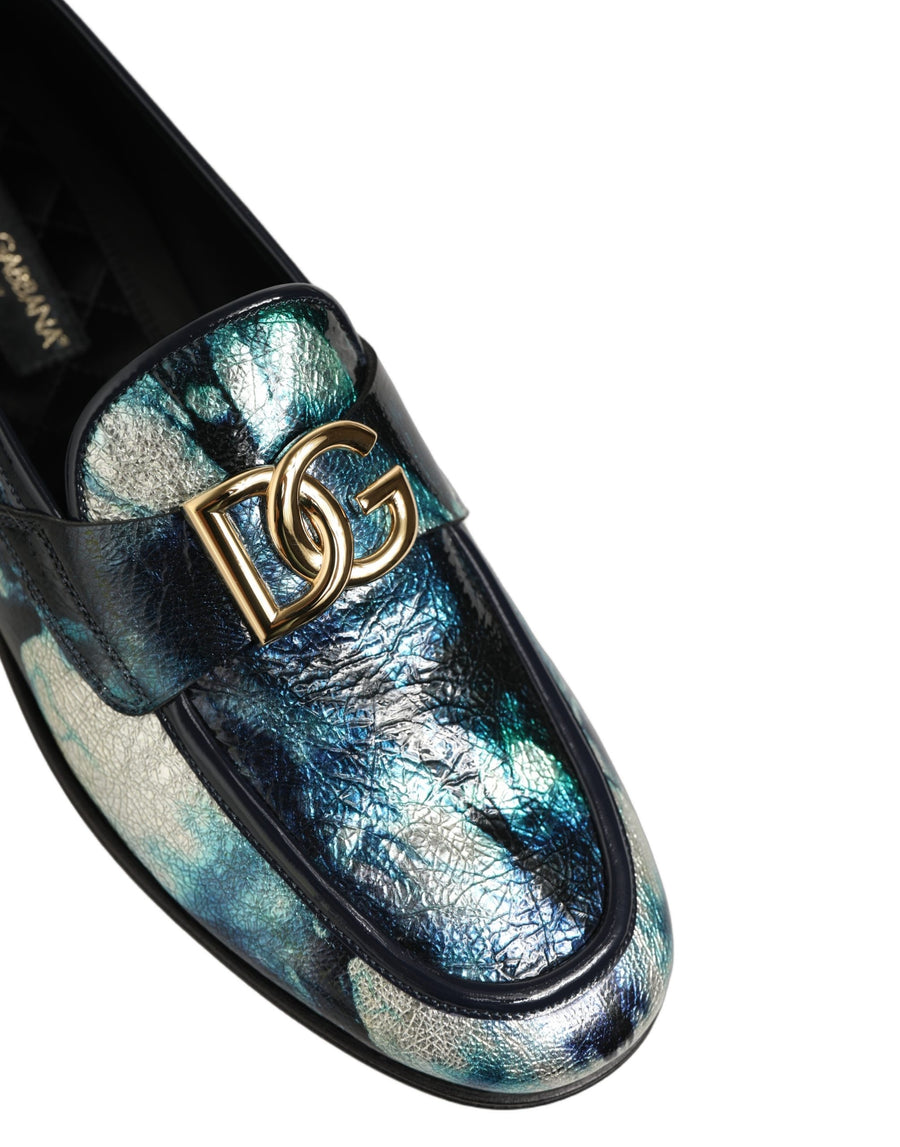 Metallic Blue Silver Leather Dg Loafers Shoes Blue, Calf