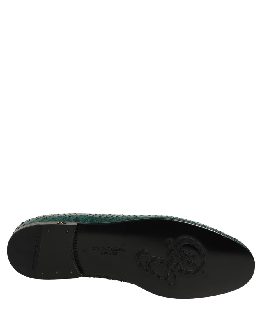 Dark Green Embossed Leather Loafers Shoes Python