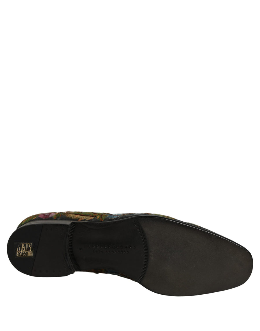 Black Velvet Floral Embroidery Loafers Shoes Leather